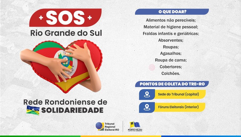 Card com os textos: "+SOS+ Rio Grande do Sul; O que doar? Alimentos não perecíveis, material de ...