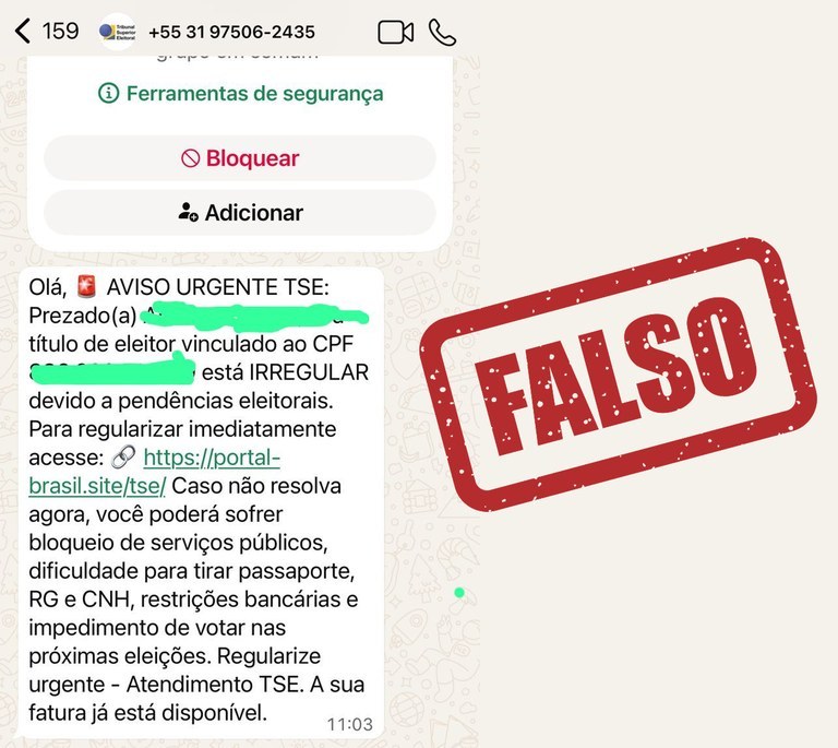 Mensagem do Golpe no whatsapp Todos os serviços são oferecidos de forma gratuita nos cartórios eleitorais, pelo Autoatendiment...