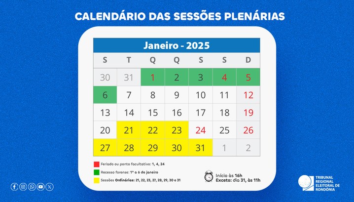 Confira o calendário das sessões do mês de janeiro 8 sessões de julgamentos estão previstas para este mês no TRE-RO