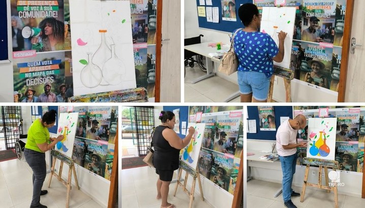 Em homenagem ao Mês da Mulher, cartório de Cacoal promove pintura coletiva com eleitores Iniciativa da 11ª Zona Eleitoral celebra o Mês da Mulher com pintura de tela coletiva.
