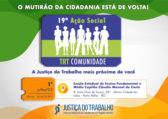 O TRE-RO participa da 19ª edição do “TRT Comunidade” realizado pela Justiça do Trabalho A ação social tem por objetivo disponibilizar diversos atendimentos a população!