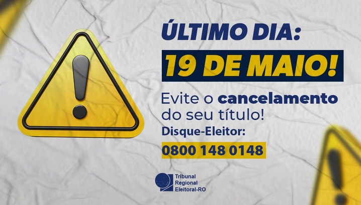 Regularize! Hoje (19) é o último dia para evitar o cancelamento do título de eleitor Verifique sua situação e fique em dia com a Justiça Eleitoral. Título regular é sinônimo de cida...