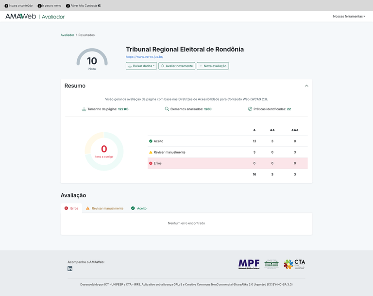 Avaliação de acessibilidade da página inicial na ferramenta AMAWEB (https://amaweb.unifesp.br/av...