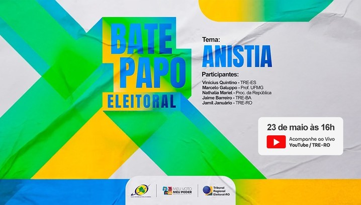 TRE-RO promove bate-papo eleitoral sobre Anistia nesta sexta-feira (23/05) O evento será transmitido ao vivo por meio do canal do TRE-RO, a partir das 16h.